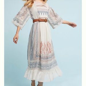 Anthropologie Cream, embroidered midi dress